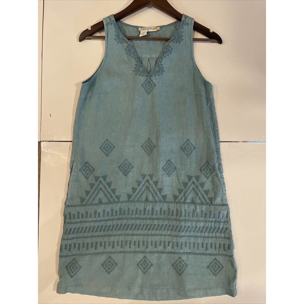 C&C California Womens Linen Tunic Dress Size S Turquoise Blue Pockets Embroidery